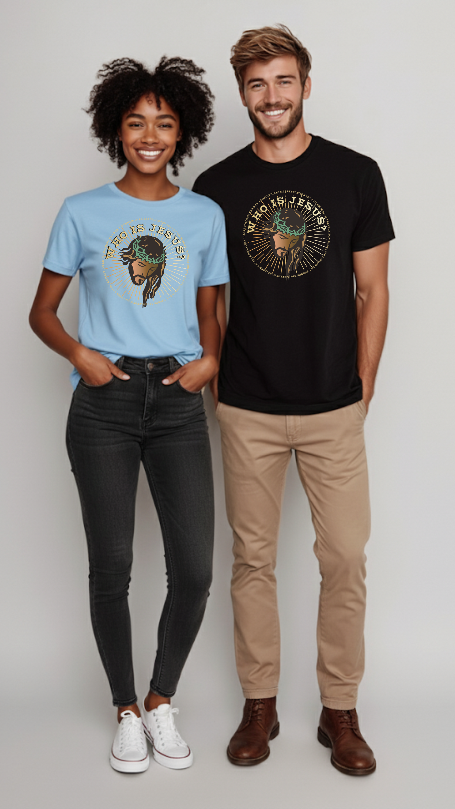 Couple wearing a shirt that highlights the question - WHO IS JESUS? with an illustration of Jesus's face below. Surrounding all that are bible verses that answer the question who is Jesus.