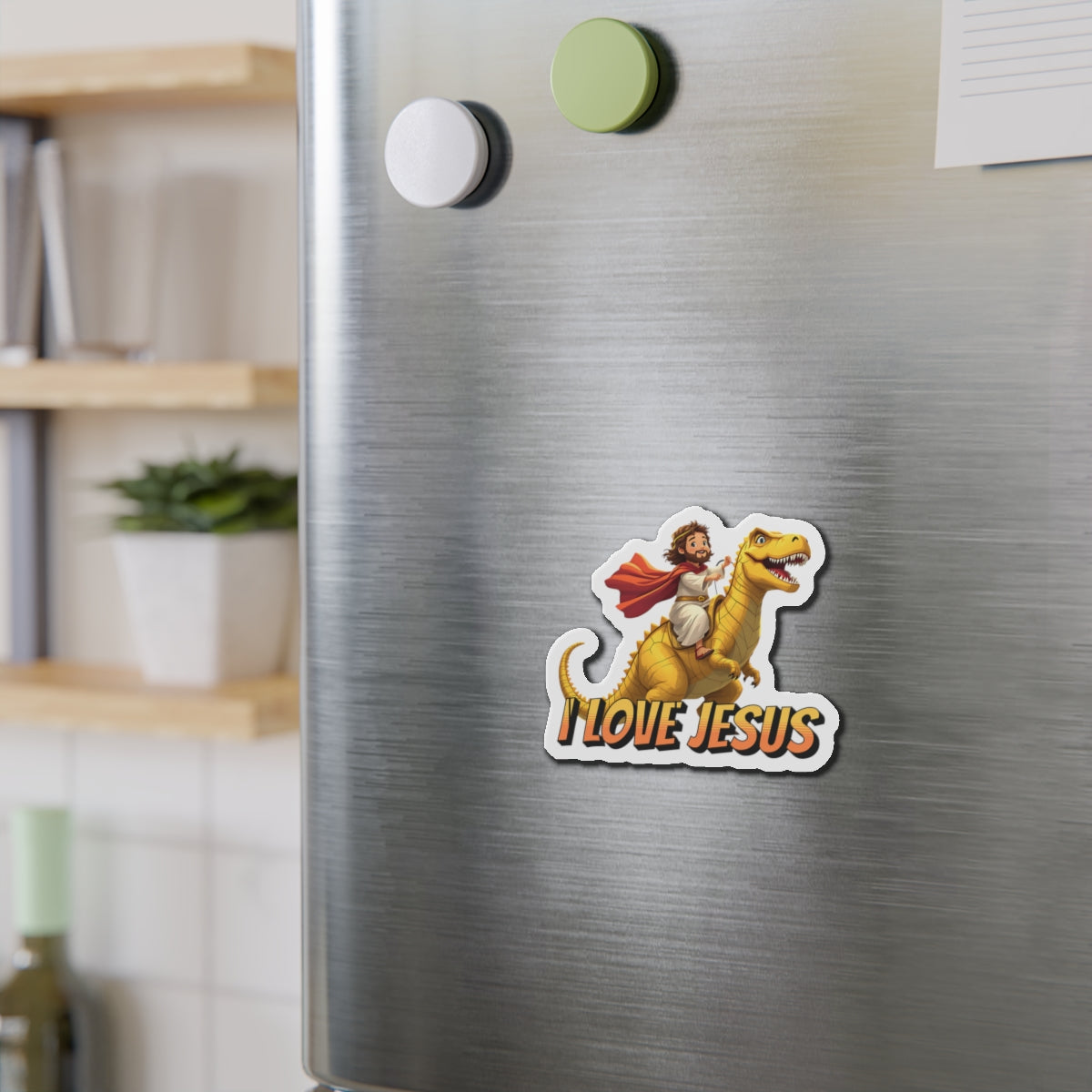 Jesus Riding T-Rex - Die-Cut Magnet