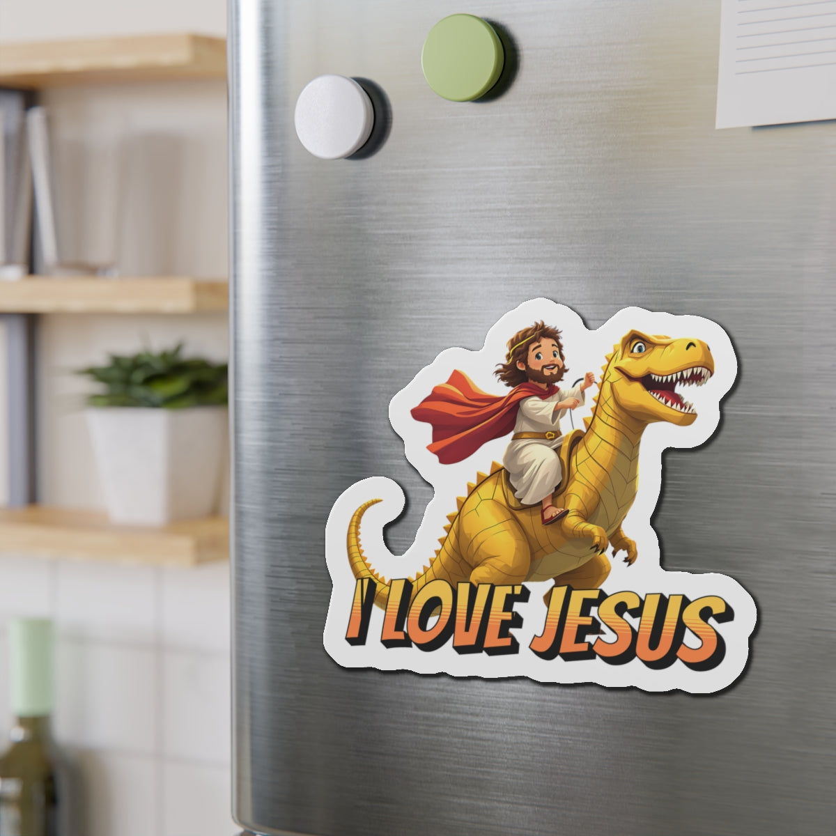 Jesus Riding T-Rex - Die-Cut Magnet