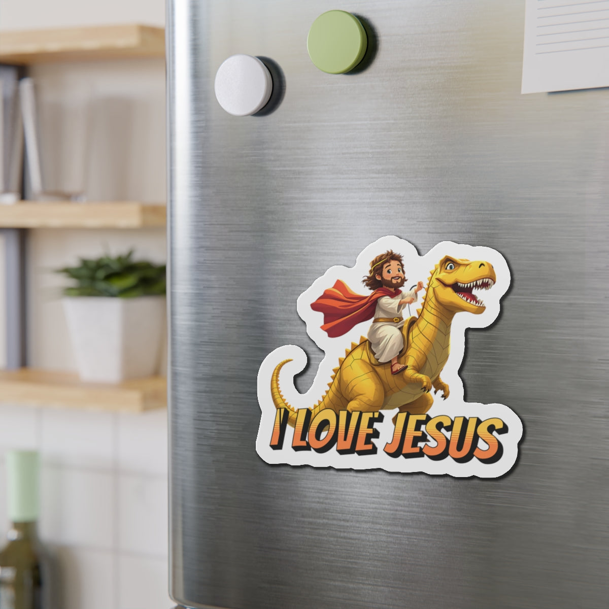 Jesus Riding T-Rex - Die-Cut Magnet