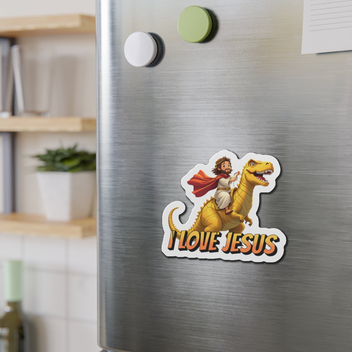 Jesus Riding T-Rex - Die-Cut Magnet